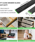 12 Inch Full Extension Drawer Slides With Ball Bearing Rails Side Mount Soft Close Heavy Duty 100 Lb Capacity Quiet Smooth Glide 3 Fold Drawer Runners shown in various applications.