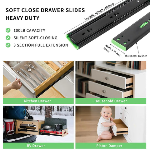 12 Inch Full Extension Drawer Slides With Ball Bearing Rails Side Mount Soft Close Heavy Duty 100 Lb Capacity Quiet Smooth Glide 3 Fold Drawer Runners shown in various applications.