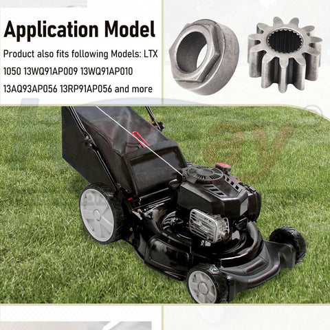 Steering Pinion Gear And Bushing Kit For MTD Lawn Tractors shown with lawn mower, including eleven tooth pinion with splines, two pack.