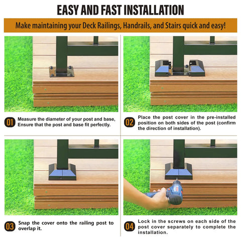 Installation steps for Heavy Duty 8 Pack 2X2 Aluminum Deck Post Base Covers With Slick Matte Black Finish on deck railings.