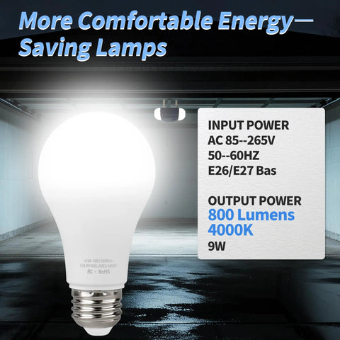 Bright 4000K White LED Garage Door Opener Bulbs Two Pack, E26 base, glowing bulb in a garage setting with specifications shown.