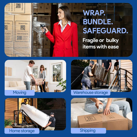 Collage showing uses of 15 Inch Stretch Film Wrap With Extended Handles 1200 Ft Per Roll 500 Percent Stretch Clear Cling Plastic