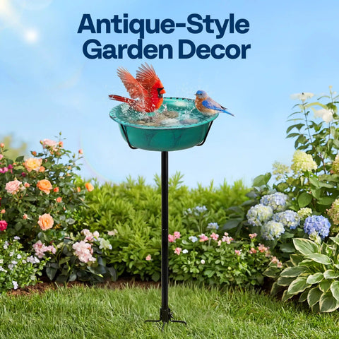 Outdoor Bird Bath With Ground Stake, Weather Resistant ABS Bowl, 13 Inch Diameter, 1.45 Gallon Capacity, Green Finish, Detachable Bowl And Base For Easy Cleaning, Ideal For Garden Or Patio with birds