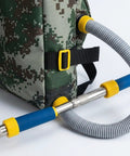 Handheld Spreader For Lawn And Garden, Portable Manual Fertilizer Spreader With Backpack showing hose and camo bag details