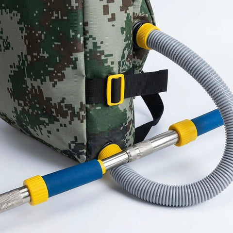 Handheld Spreader For Lawn And Garden, Portable Manual Fertilizer Spreader With Backpack showing hose and camo bag details