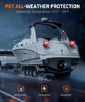 Magnetic Wireless Trailer Lights Kit With Bluetooth LED Tow Lights on a boat in rain, highlighting IP67 waterproof feature.