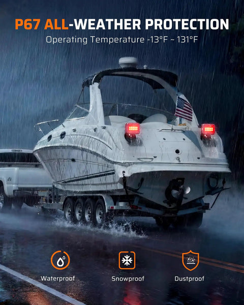 Magnetic Wireless Trailer Lights Kit With Bluetooth LED Tow Lights on a boat in rain, highlighting IP67 waterproof feature.