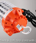 100W LED Temporary Work Light with 14000 lumens of bright 5000K white light, portable plug-in flood lamp, UL listed, 360-degree hanging.