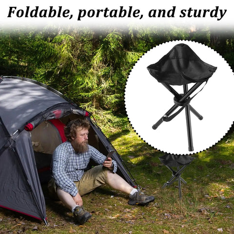 2 Pack Portable Folding Camping Stool With Built In Shoulder Straps next to camper and tent in forest