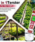 4 In 1 pH Meter With EC, TDS And Temp For Hydroponics, Pool, Aquarium And Home Use, showing readings and hydroponic setup.