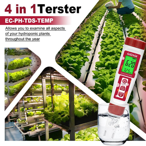 4 In 1 pH Meter With EC, TDS And Temp For Hydroponics, Pool, Aquarium And Home Use, showing readings and hydroponic setup.