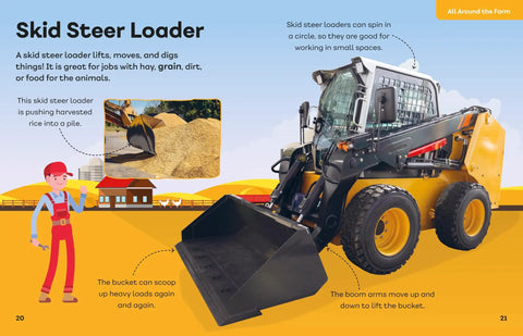 Awesome Farm Machinery Guide For Kids Tractors Harvesters Drones And More Learn How Modern Farming Works Through Fun Easy To Read Machines And Hands On Adventures, featuring a skid steer loader lifting a load on a farm.