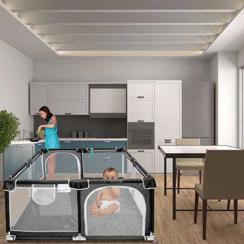 50x50 Inch Baby Playpen Play Yard Indoor Outdoor Gate For Toddlers And Babies in kitchen, mesh sides, baby inside