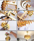 Gold Finish Modern Luxury Crystal Pendant Light Chandelier installation; round flush mount with glass prisms and iron frame