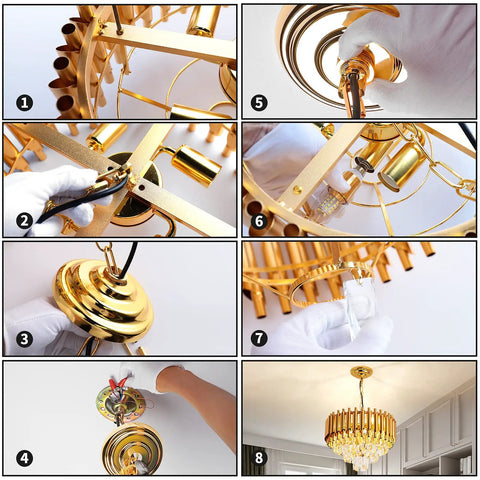 Gold Finish Modern Luxury Crystal Pendant Light Chandelier installation; round flush mount with glass prisms and iron frame