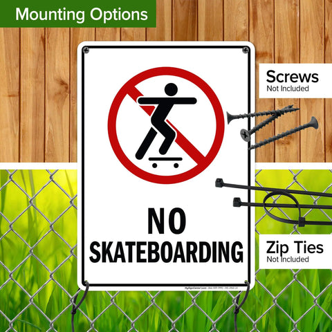 No Skateboarding Sign 10x14 Inches Built From Rust Free Aluminum Weatherproof Fade Resistant Outdoor Sign For Shops Yards And Entrances Made In USA Weatherproof Durable Signage shown against a wooden and wire fence background with mounting options displayed.