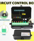 Open circuit control box with labeled 6 fuses replacement, system failure indicator, part of 8 Gang Switch Panel For Trucks, SUVs, UTVs And Boats, Touch Panel With Eight On Off Buttons, Wiring Harness Included, 12V/24V DC Power, Universal 8-In-1 Control Box For Wrangler Chevy GMC Ram And More.