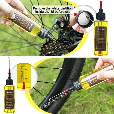 Applying lubricant from bike chain cleaner kit with chain lubricant and biodegradable degreaser to mountain bike gears.