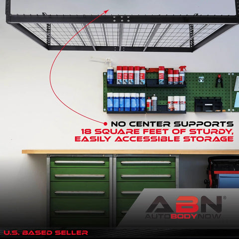 Overhead Garage Storage Rack Ceiling Mounted For Quick Space Saving Organization Of Tools Totes And Gear Durable Steel Construction Easy Install Heavy Duty Garage Shelving above workbench