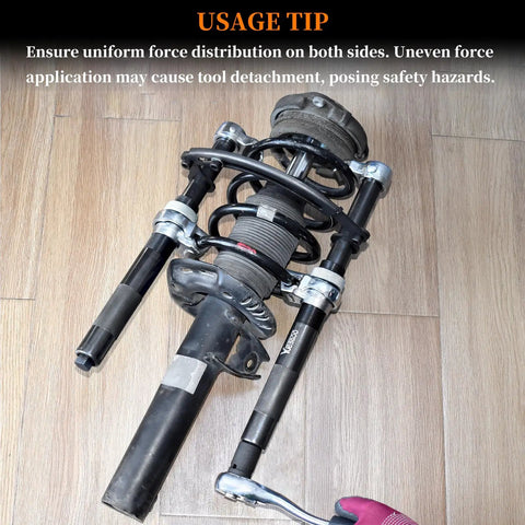 Heavy Duty Coil Spring Compressor Tool For MacPherson Struts Built Tough With Extendable Safety Bracket in use on floor