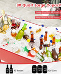 80 Quart Rolling Cooler Cart With Lockable Wheels Bottle Opener Cap Catcher filled with bottles and cans on ice