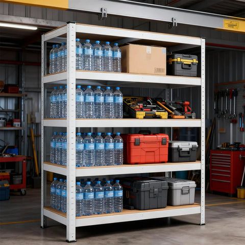 Heavy Duty Five Tier Metal Shelving Unit With Adjustable Boltless Galvanized Steel Frame And Thick Mdf Panels For Garage Pantry Laundry Room storing water bottles and toolboxes.
