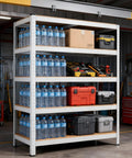 Heavy Duty 5 Tier Garage Storage Shelves With Adjustable Boltless Steel Frame And Thick MDF Boards, 1929 Lbs Capacity, 30X12X59 Inches, White, displaying various tools and water bottles.