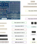 Beginner SMD Soldering Practice Kit With 4 PCB Training Boards Blue Red Green and Small Blue 60W Iron 2 Battery Boxes Full Components Clear Silkscreen Guides for 1206 0805 0603 0402 Includes Instructions showing blue PCB with resistors and capacitors layout