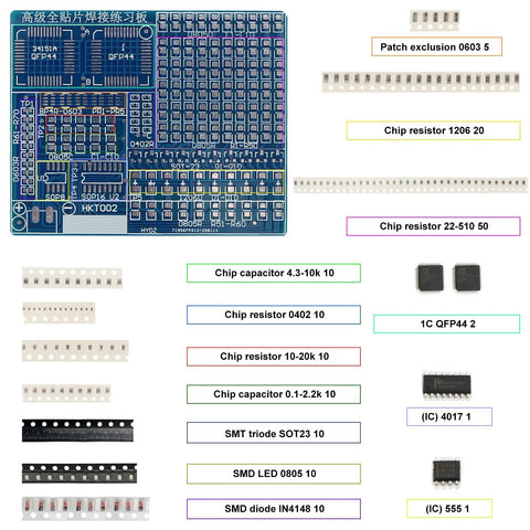 Beginner SMD Soldering Practice Kit With 4 PCB Training Boards Blue Red Green and Small Blue 60W Iron 2 Battery Boxes Full Components Clear Silkscreen Guides for 1206 0805 0603 0402 Includes Instructions showing blue PCB with resistors and capacitors layout