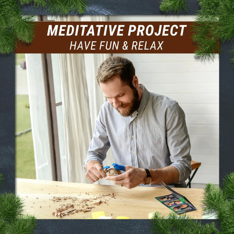 Man using Chill Wood Carving Kit For Beginners And Kids Comfort Bird DIY Whittling Set For Adults Stress Relief Hobby
