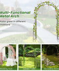 Collage image of 7.9 Ft Metal Garden Arch Trellis for climbing plants and versatile yard decor with roses, clematis, and lights.