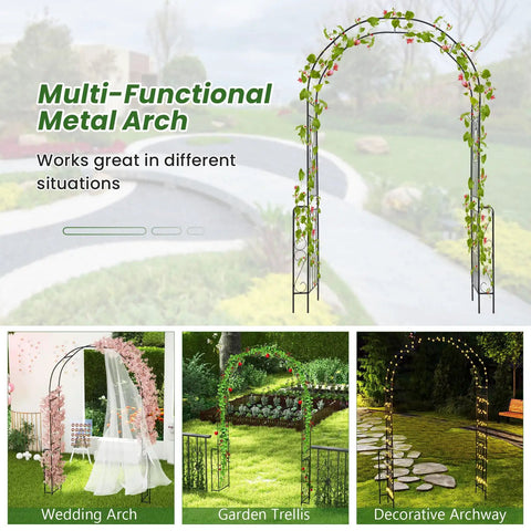 Collage image of 7.9 Ft Metal Garden Arch Trellis for climbing plants and versatile yard decor with roses, clematis, and lights.