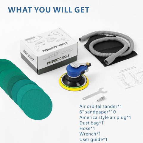 6 Inch Vacuum Orbital Sander With Dust Bag And Hose For Auto Body And Woodworking, Self Vacuum, Includes Ten 6 Hole Sandpapers