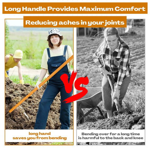 Comparison of gardening with long handle pitch fork and short handle fork for reduced joint aches.