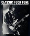 Musician playing electric guitar with headphones for silent practice, advertising Mini Guitar Headphone Amplifier With 3.5mm Aux Jack.