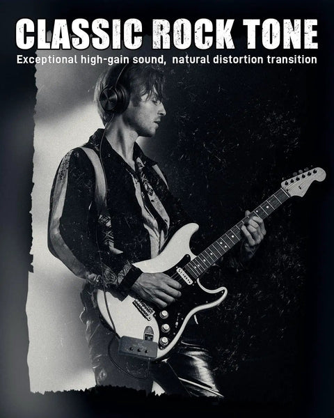 Musician playing electric guitar with headphones for silent practice, advertising Mini Guitar Headphone Amplifier With 3.5mm Aux Jack.