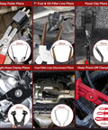 38 Piece Automotive Hose Clamp Pliers Set Plus Fuel Line Disconnect Toolkit showing various pliers and clamps in action