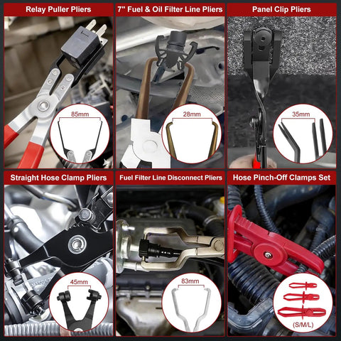 38 Piece Automotive Hose Clamp Pliers Set Plus Fuel Line Disconnect Toolkit showing various pliers and clamps in action