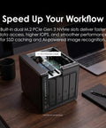 4 Bay Desktop Nas With Intel Quad Core Cpu Boosting To 2.9 Ghz Paired With 8Gb Ram showcasing dual M.2 PCIe slots on a wooden table.