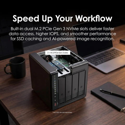 4 Bay Desktop Nas With Intel Quad Core Cpu Boosting To 2.9 Ghz Paired With 8Gb Ram showcasing dual M.2 PCIe slots on a wooden table.