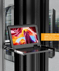 15.6 Inch HDMI KVM Console With Eight Port Switch And Hotkey Control, 1U Rackmount Server Monitor in a rack.