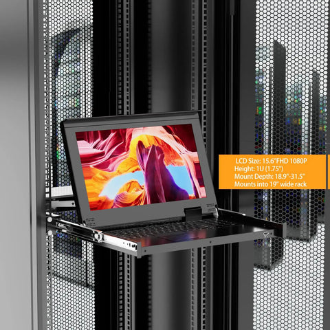 15.6 Inch HDMI KVM Console With Eight Port Switch And Hotkey Control, 1U Rackmount Server Monitor in a rack.