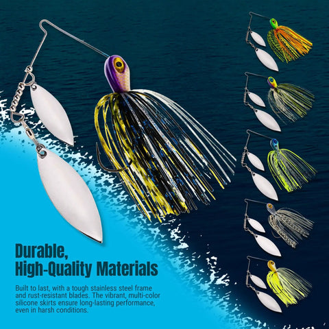 Spinner Bait Lure Half Ounce Tennessee Shad 3 Pack with double willow blades showcased over water, highlighting durability and design.