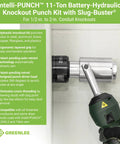 Image of 11 Ton Battery Hydraulic Knockout Punch Kit With Slugbuster for half inch to two inch conduits, shown punching a metal surface.