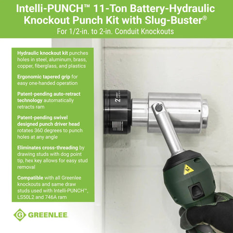 Image of 11 Ton Battery Hydraulic Knockout Punch Kit With Slugbuster for half inch to two inch conduits, shown punching a metal surface.