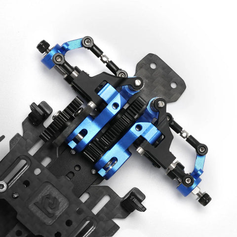 Close-up of TG Racing Carbon Fiber RC Car Frame Kit 1/24 1/28 Scale Rear Wheel Drive RWD Drift Chassis with blue components