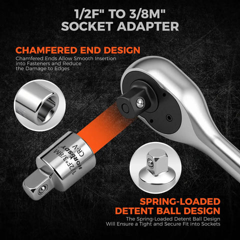One Half Inch Drive Quick Release Ratchet Handle With 90-Tooth Reversible Chrome Alloy Socket Wrench, Includes One Half Inch To Three Eighths Inch Socket Adapter, Built Tough For Automotive DIY Projects, Industrial And Bike Repairs