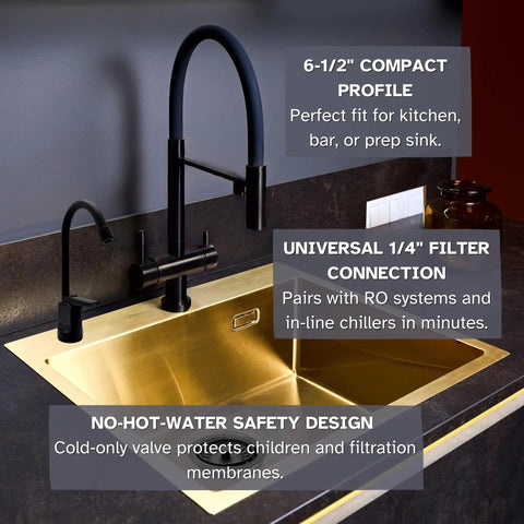 6 Inch Touch-Flo Cold Water Dispenser Faucet With Matte Black Finish in gold sink, kitchen setup.