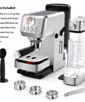 Straight Up Premium Barista Grade Semi Automatic Espresso Machine With Self Cleaning Milk Frother For Killer Cappuccinos And Silky Latte Textures Right At Home parts and accessories laid out on a white surface.