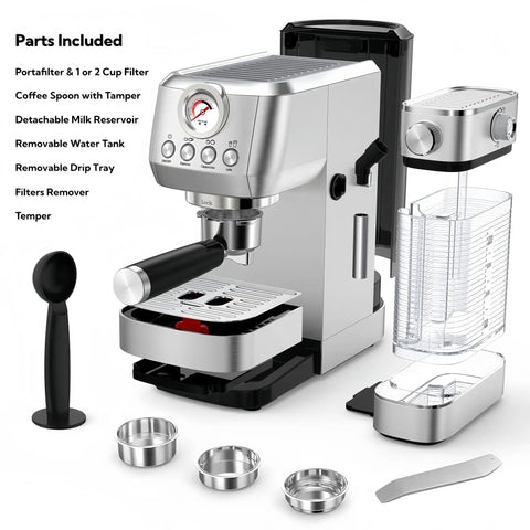 Straight Up Premium Barista Grade Semi Automatic Espresso Machine With Self Cleaning Milk Frother For Killer Cappuccinos And Silky Latte Textures Right At Home parts and accessories laid out on a white surface.